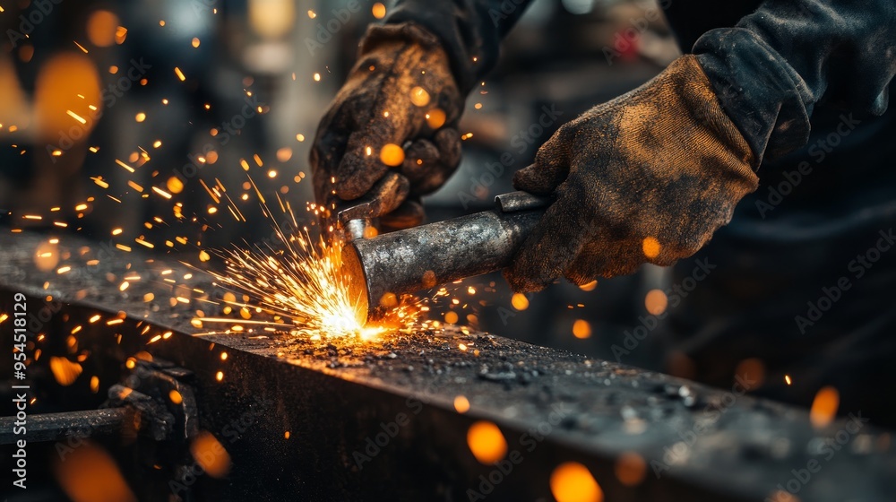The blacksmith is making a cut, with sparks of iron flying. The blacksmith is making a cut, with sparks of iron flying.