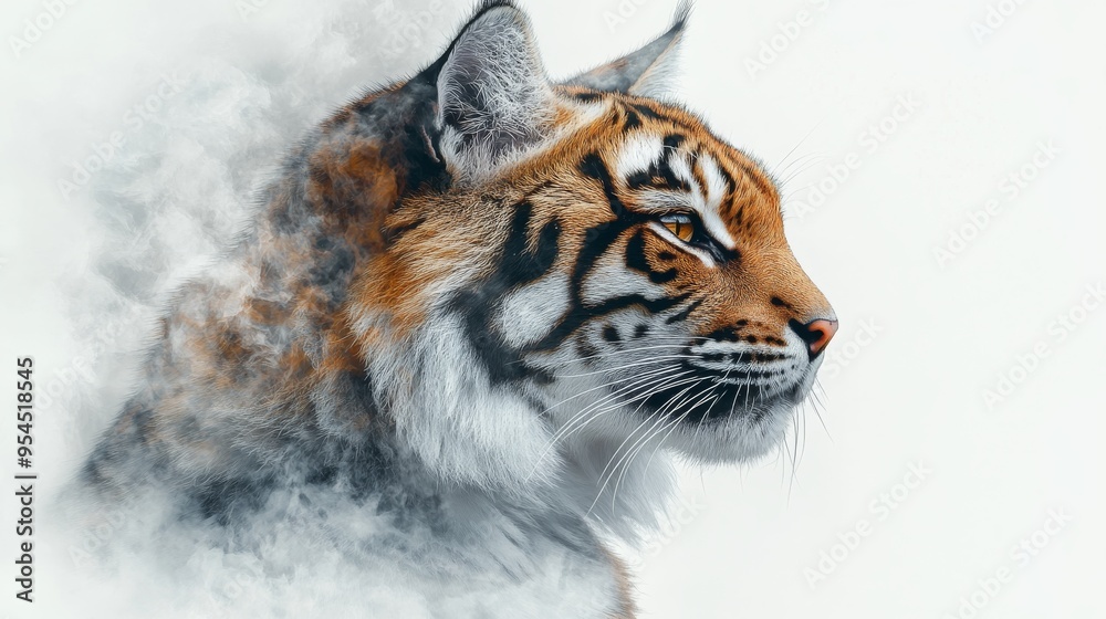 Fototapeta premium double exposure image of domestic cat and tiger against white background, symbolizing power and grace