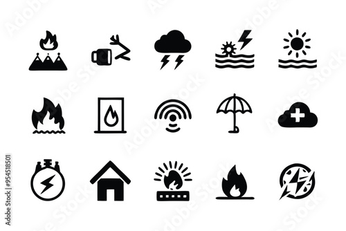 A set of 16 black and white vector icons depicting various disasters, including fire, lightning, floods, earthquakes, and storms.