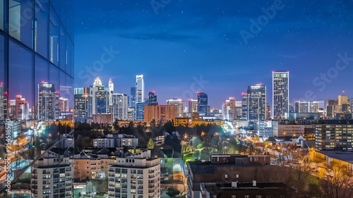 Starry night over a bustling cityscape with glowing skyscrapers and busy streets, showcasing vibrant urban life and the beauty of modern architecture under a clear, star-filled sky. photo