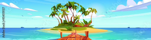 Wooden pier on tropical island beach. Vector cartoon illustration of green palm trees and exotic plants growing on sandy piece of land washed by blue ocean water, ships on horizon, birds in sunny sky