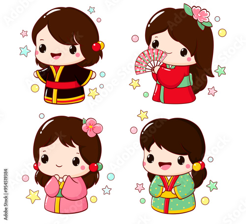 Set of cute little girls in kawaii style. Hanami season collection of Japanese traditional toy kokeshi doll in kimono. Vector illustration EPS8  
