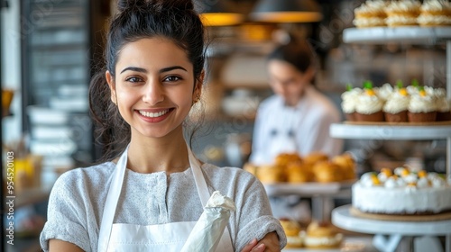 a young female pastry chef in a bakery kitchen, perfect for marketing and promotional purposes. photo