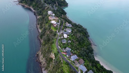 Coromandel, New Zealand: Aerial drone footage of the luxury residences on the ridge of Wyuna Bay in the Coromandel pensinsula and town.  photo