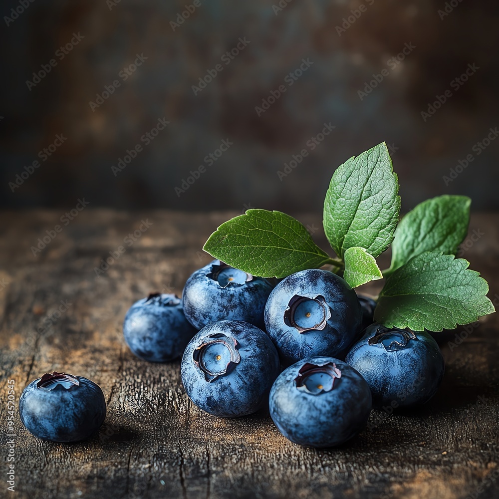 Fresh blueberries with leaves on a rustic wooden table. Fresh blueberries with leaves on a rustic wooden table.