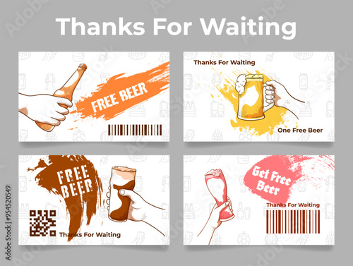 Advertising cards offering free beer with various designs and bright graphics