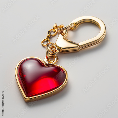 A shiny red heart shaped keychain with golden clasp evokes feelings of love and affection.