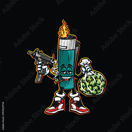 weed smoking character cartoon mascot logo leaf face happy with fruit strain object ice cream gelato holding gun