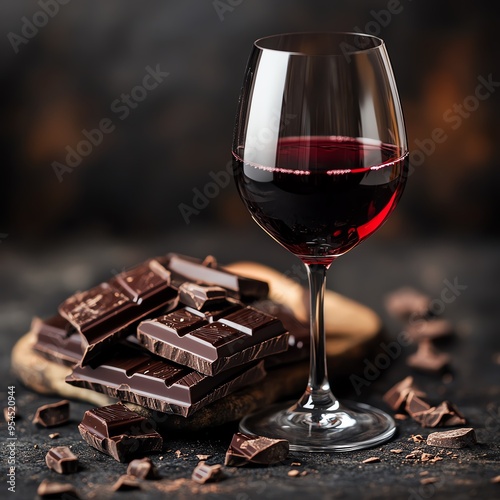 Glass of red wine with dark chocolate on rustic wooden board.