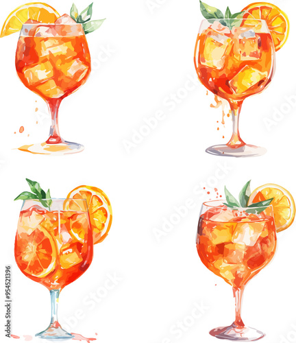 Fresh Spritz Cocktail Set Watercolor Vector Illustration.