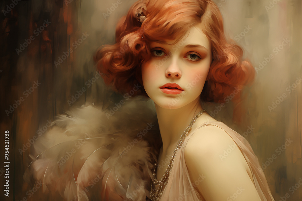 vintage portrait painting of 1920s redhead woman with short curly hair ...