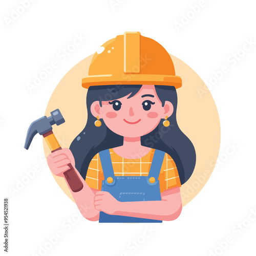 Friendly construction worker wearing a yellow hard hat and holding a hammer.