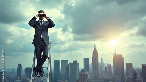 Anonymous executive on ladder using binoculars to survey cityscape, symbolizing business foresight and ambition. photo