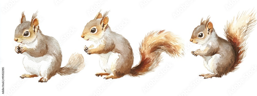 Obraz premium Watercolor illustration of squirrels in a hand drawn style