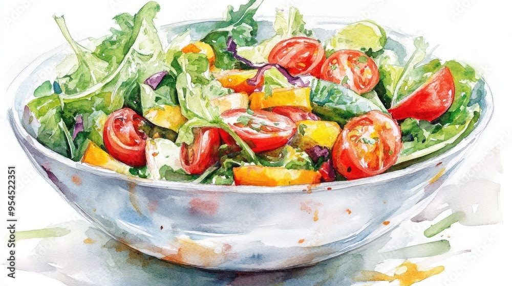 Watercolor illustration of a salad bowl Watercolor illustration of a salad bowl