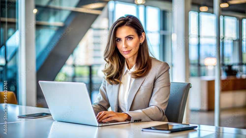 Confident Businesswoman Working on Laptop in Modern Office Confident Businesswoman Working on Laptop in Modern Office