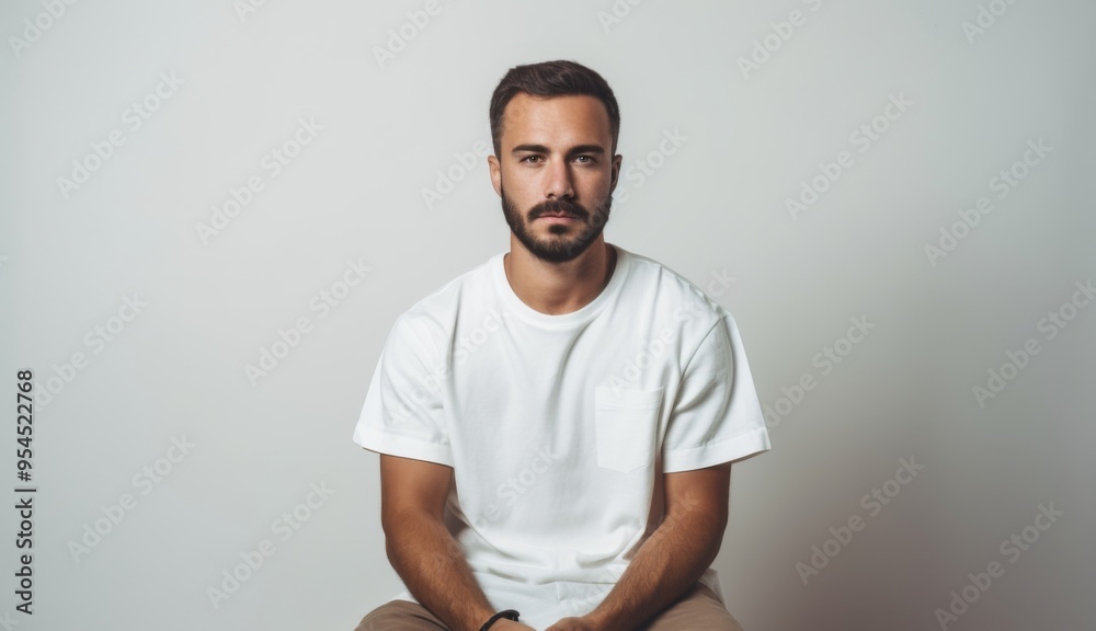 A man with a beard is sitting on a chair with his hands clasped in his lap