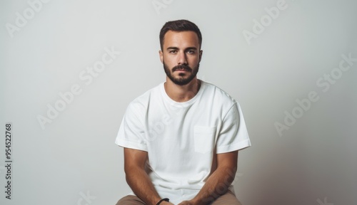 A man with a beard is sitting on a chair with his hands clasped in his lap