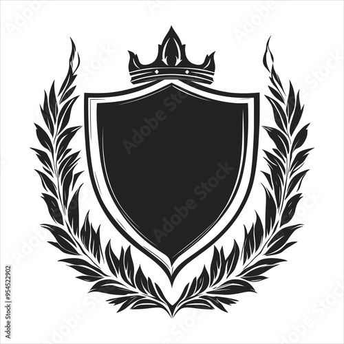 A black and white heraldic shield with a crown and laurel wreath