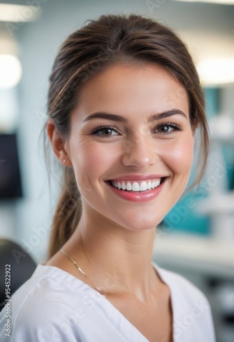 A young female healthcare professional is smiling warmly while wearing scrubs in a clinical setting.