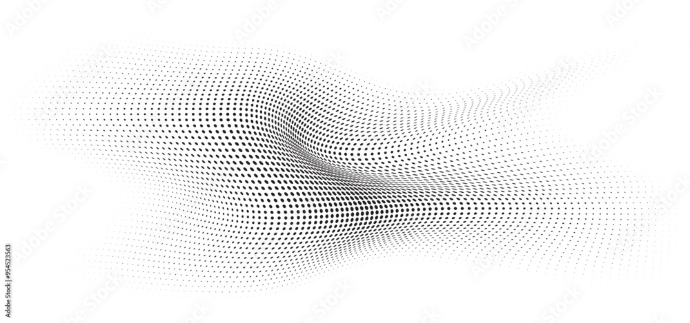 Flowing Wave Dot Halftone Pattern: Curve Gradient Shape on Transparent Background. Suitable for AI, Tech, Network, Digital, Science, and Technology Themes.