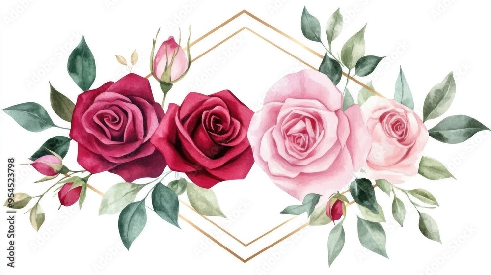 Naklejka premium Watercolor illustration of pink and red rose flowers with leaves in a geometric frame