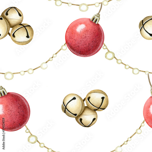 Christmas ornaments with gold jingle bells, red hanging ball and garland lights watercolor seamless pattern on white background for winter holidays and New Year greeting wrapping paper and tablecloths photo