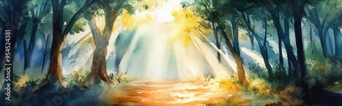 Watercolor illustration of sunlight filtering through trees in a forest Bright sun rays illuminate the scene in a vibrant depiction photo