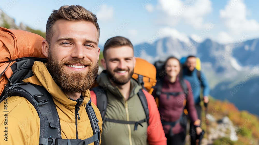 Group of happy hikers enjoying a mountain trek with backpacks, surrounded by stunning nature and breathtaking scenery. Group of happy hikers enjoying a mountain trek with backpacks, surrounded by stunning nature and breathtaking scenery.