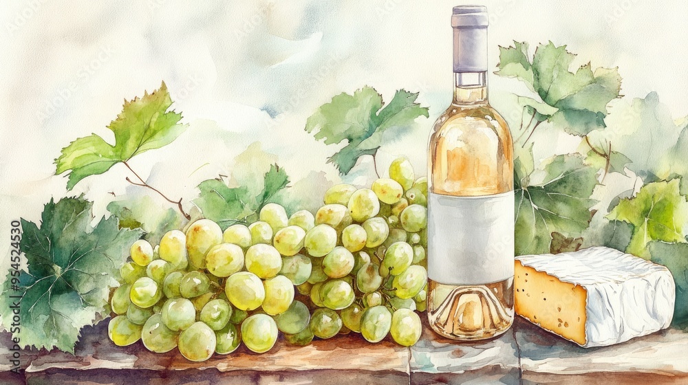 Obraz premium Watercolor illustration of a white wine bottle fresh ripe green grapes and cheese on a table Hand drawn background featuring food items for a picnic Concept for a wine list label banner menu flyer