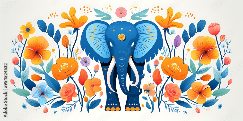 A colorful elephant with flowers painted on it, a simple flat illustration in white background,This whimsical children's book illustration has a folk-inspired style and clean. A colorful elephant with flowers painted on it, a simple flat illustration in white background,This whimsical children's book illustration has a folk-inspired style and clean.