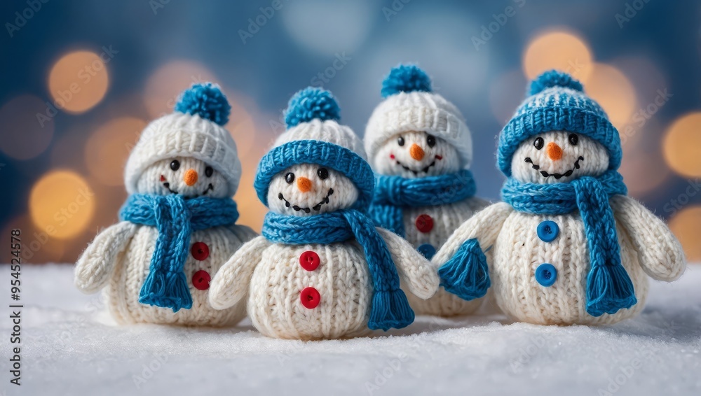little knitted snowman's on soft snow on blue background