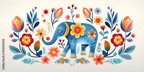 A colorful elephant with flowers painted on it, a simple flat illustration in white background,This whimsical children's book illustration has a folk-inspired style and clean.