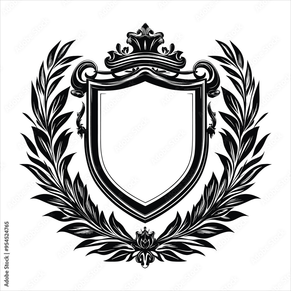 A black and white heraldic shield with a crown and laurel wreath A black and white heraldic shield with a crown and laurel wreath