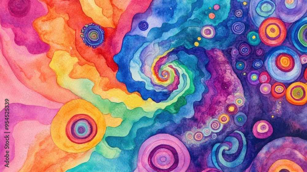Watercolor illustration of a vibrant hippie inspired backdrop featuring multicolored psychedelic elements Colorful representation of the 1970s hippie culture with a chaotic spiral design reminisce Watercolor illustration of a vibrant hippie inspired backdrop featuring multicolored psychedelic elements Colorful representation of the 1970s hippie culture with a chaotic spiral design reminisce