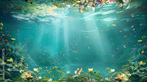 Underwater scene with sunbeams piercing through the water, illuminating vibrant coral reefs, colorful fish, and lush aquatic plants the beauty and tranquility of the underwater world. photo