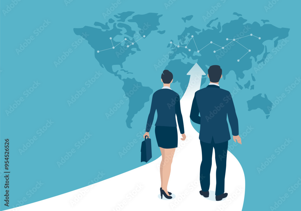 Reaching the top. To the World. Career growth. The couple is walking the upward path to the World. Business vector illustration Reaching the top. To the World. Career growth. The couple is walking the upward path to the World. Business vector illustration