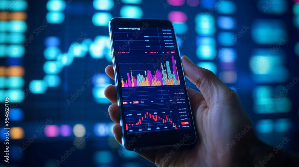A digital stock market graph chart displayed on a smartphone, with an abstract hand holding the phone. The investment candlestick is visible on the screen, representing a mobile trading app concept A digital stock market graph chart displayed on a smartphone, with an abstract hand holding the phone. The investment candlestick is visible on the screen, representing a mobile trading app concept