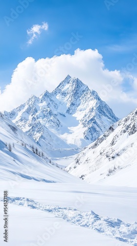 Wallpaper Mural Majestic snow-covered mountain peak under a clear blue sky, surrounded by tranquil winter landscape and fluffy white clouds. Torontodigital.ca