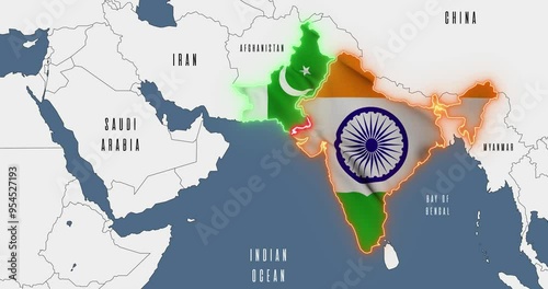 Maps of India and Pakistan in the colors of national flags.