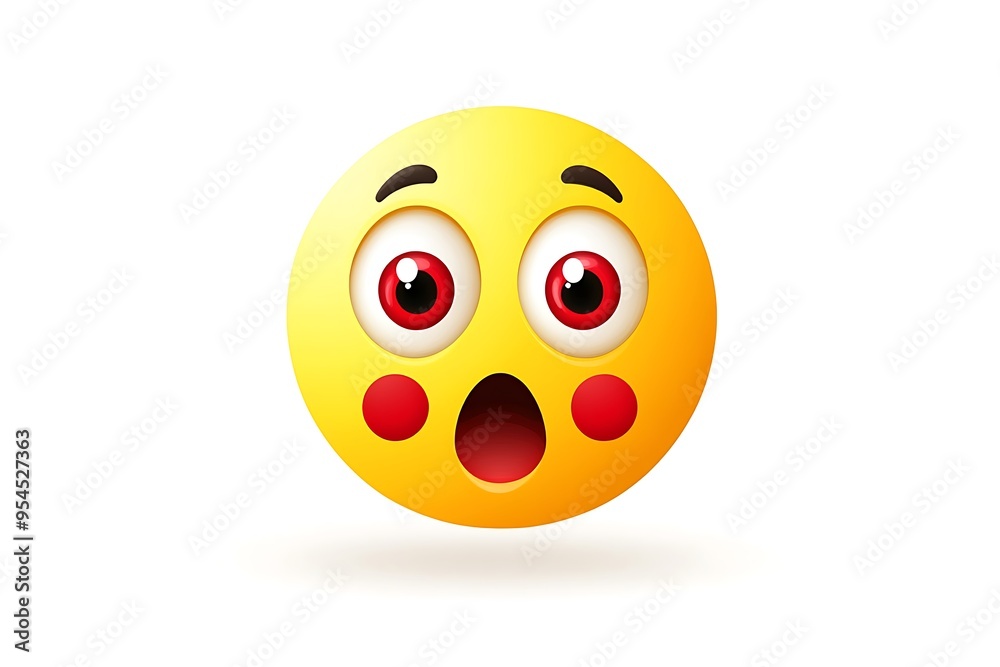 Fototapeta premium A yellow emoticon with wide eyes and red cheeks on a crisp white background, showcasing a surprised expression. The vector design is simple yet cute.