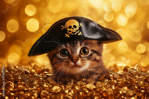 Treasure Island Tales: A Playful Cat in a Pirate Hat on a Treasure Hunt photo