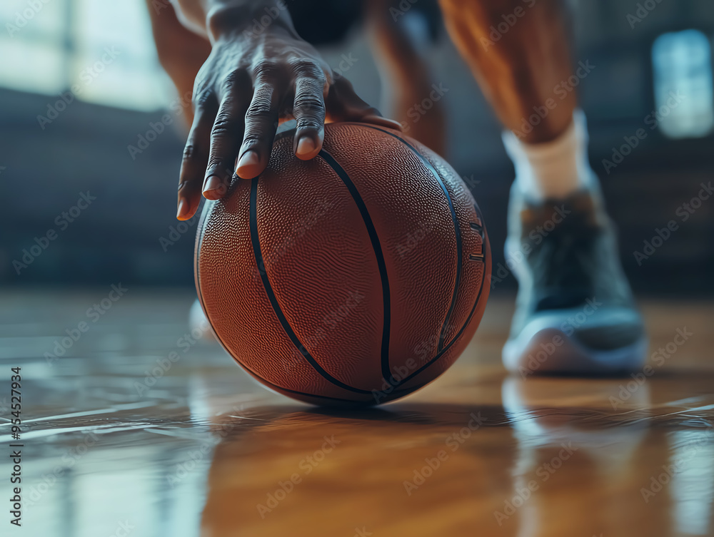 Closeup of a basketball player's hand dribbling the ball on a court. Closeup of a basketball player's hand dribbling the ball on a court.