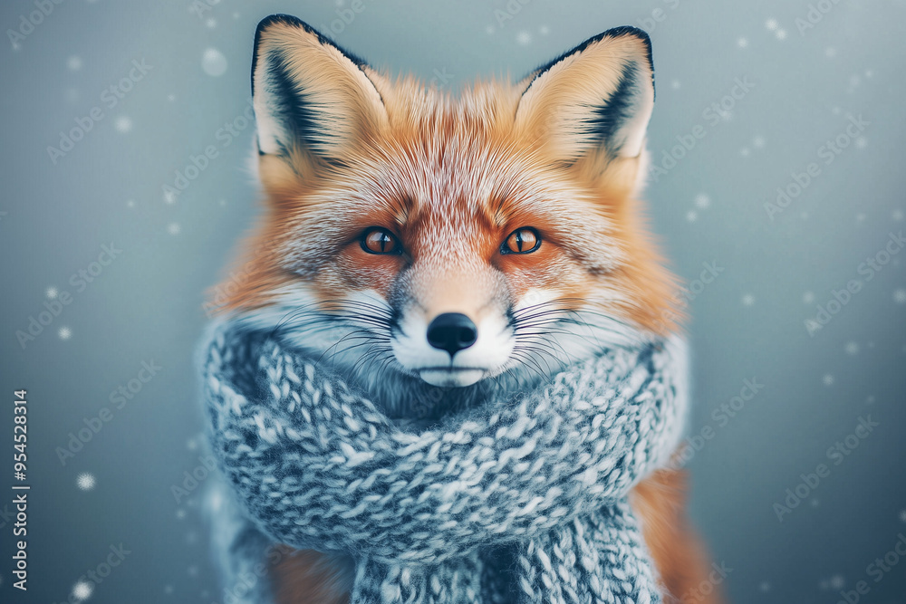 Winter Elegance: A Sleek Fox Sporting a Scarf on a Chilly Blue Evening Winter Elegance: A Sleek Fox Sporting a Scarf on a Chilly Blue Evening