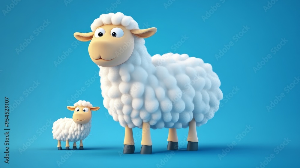 A cute cartoon-style sheep and its lamb against a bright blue background, perfect for children's themes and animal illustrations. A cute cartoon-style sheep and its lamb against a bright blue background, perfect for children's themes and animal illustrations.