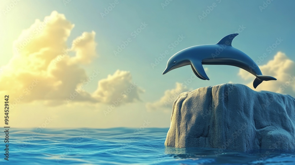 Obraz premium A dolphin gracefully leaps from a rock into the calm sea under a sunset sky filled with clouds, showcasing nature's beauty.