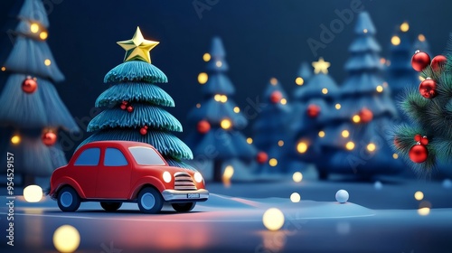 A festive car with a Christmas tree on top, surrounded by glowing ornaments and snowy trees, creating a joyful holiday scene. photo