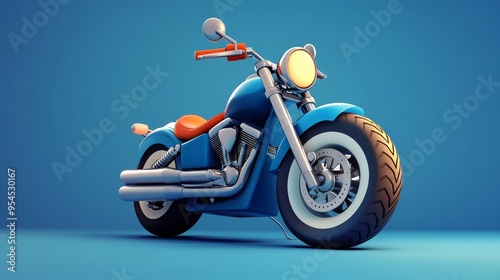 A vibrant blue motorcycle showcased against a simple backdrop, highlighting its sleek design and powerful features. photo