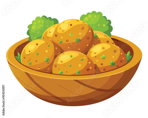 fried falafel in wooden bowl vector illustration on white background