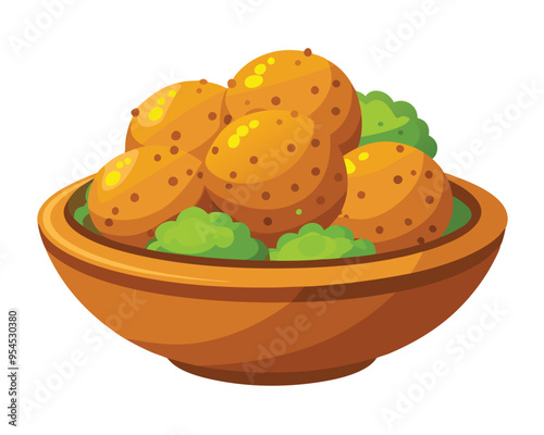 fried falafel in wooden bowl vector illustration on white background